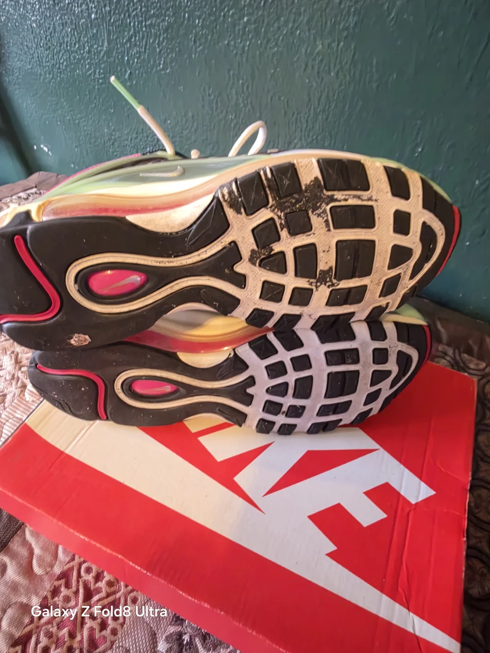 Nike Kids Sneakers - White, Green & Black with Pink Accent
